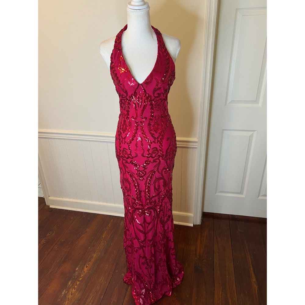 B. Darlin Red Sequin Halter Neck Formal Gown Damask Mermaid Maxi Dress Prom Gala - Picture 6 of 13